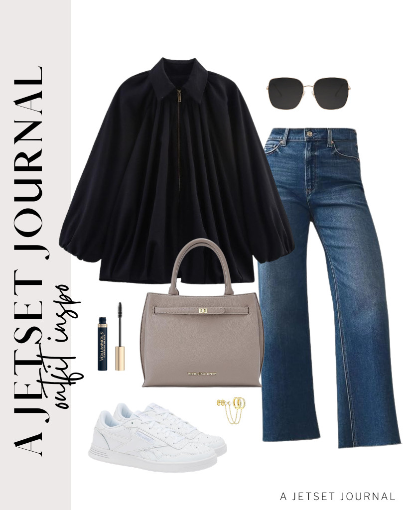 This black puffed batwing sleeves top paired with jeans is a polished outfit suitable for casual dinners or museum visits. A stylish VICTORIA HYDE handbag complements the look, along with Reebok sneakers. 

 #LTKSeasonal #LTKSaleAlert #LTKTravel