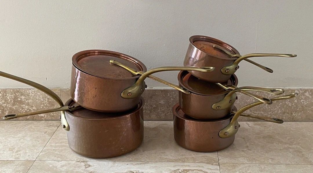 Set of 5 French Copper Lidded Saucepans Brass Handles, Including 1 E. Dehillerin | Etsy (US)