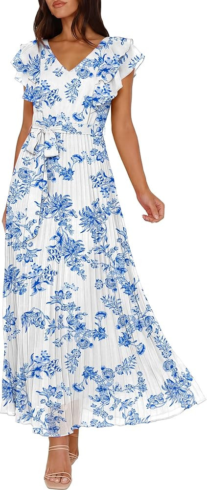 ANRABESS Women V Neck Ruffle Sleeve Floral Pleated Maxi Dresses Summer Boho Belt Empire Waist Wed... | Amazon (US)