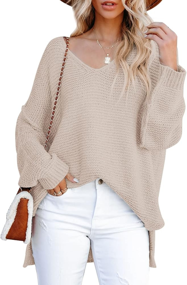 AVIVATINO Women's Off Shoulder Oversized Sweaters V Neck Long Batwing Sleeve Slit Baggy Loose Kni... | Amazon (US)