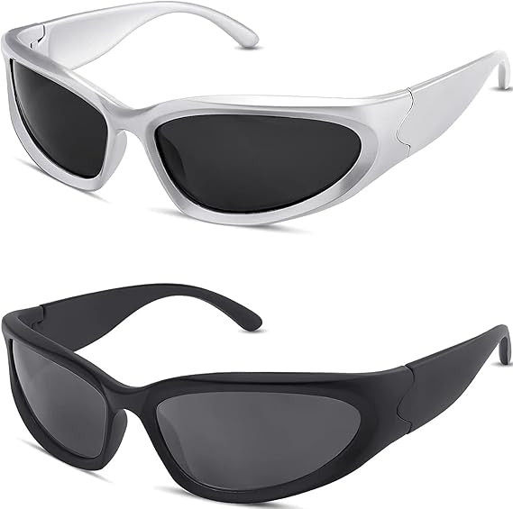 milramtob Y2K Wrap Around Sunglasses Trendy Silver Glasses Retro 90s Shades Women Futuristic | Amazon (US)