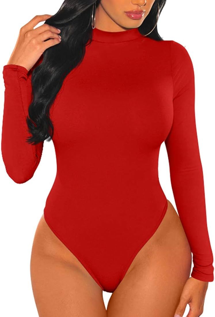 LAGSHIAN Women's Sexy Bodycon Long Sleeve Turtle Neck Casual Leotard Bodysuit Tops | Amazon (US)