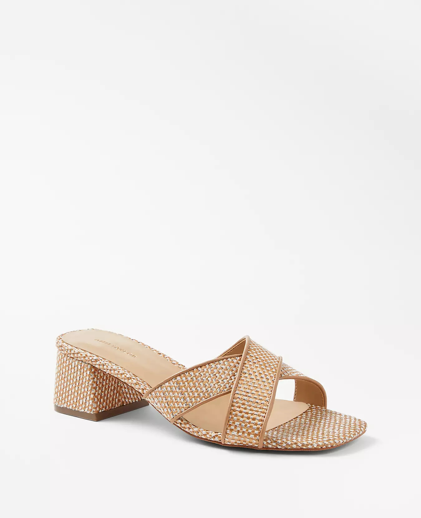 Crossover Metallic Straw Block Heel Sandals | Ann Taylor (US)