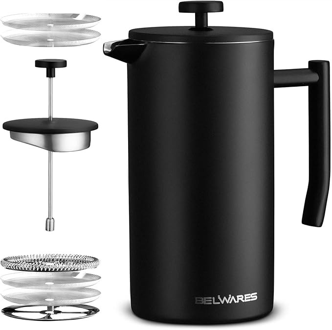 Large French Press Coffee Maker - Double Wall 304 Stainless Steel - 4 Level Filtration System wit... | Amazon (US)