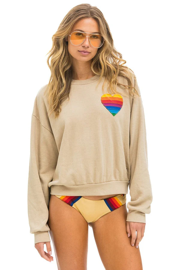 RAINBOW HEART STITCH RELAXED CREW SWEATSHIRT - SAND | Aviator Nation