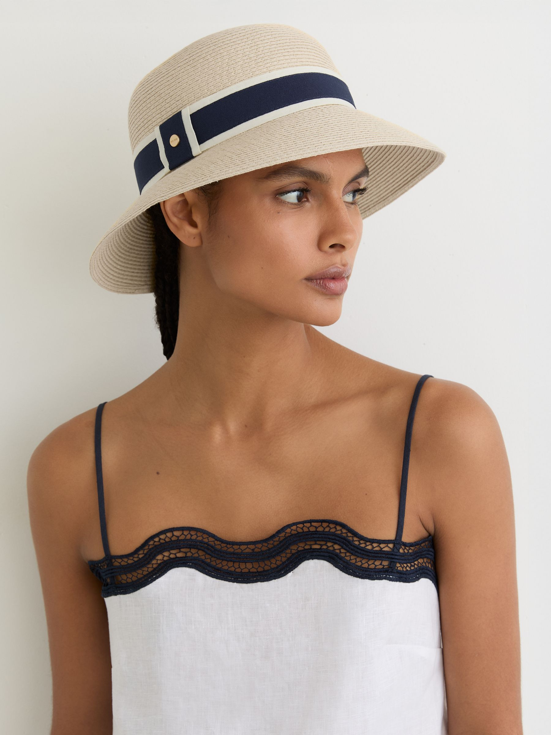 Reiss Ribbon-Trim Straw-Effect Hat in Natural | REISS | Reiss US