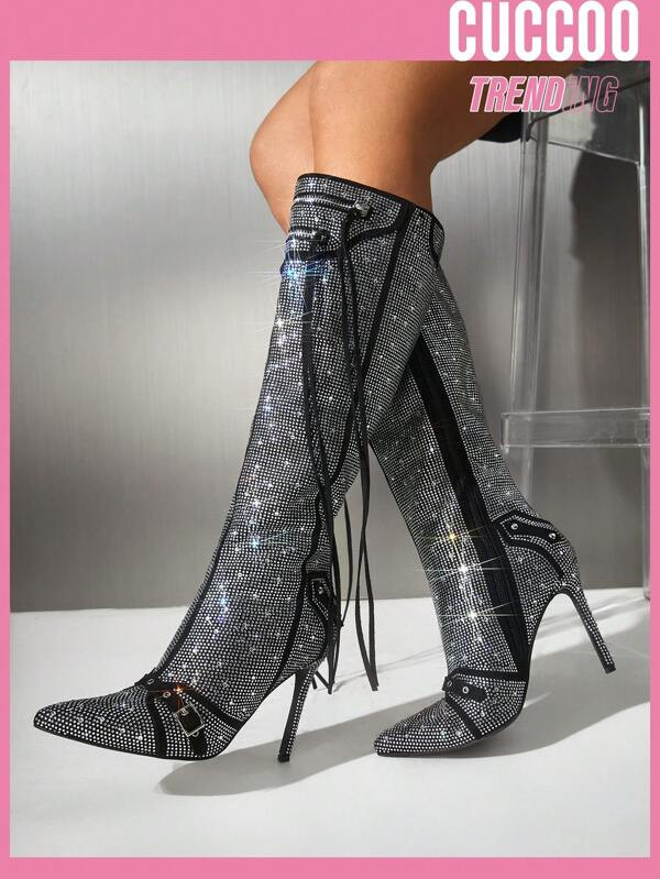 Cuccoo Party Collection Women's Pointed Toe Full Rhinestone Decor High Heel Fashion Boots | SHEIN