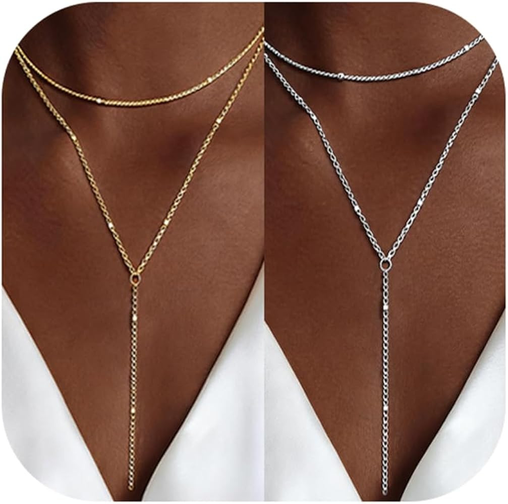 2PCS Long Lariat Necklace For Women, Gold Plated/Silver Y-Shaped Non-Tarnish Pendant Trendy Layer... | Amazon (US)