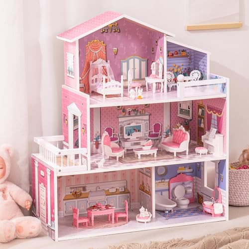 ROBUD Wooden Dollhouse Playset, 3 Stories, 5 Rooms, 24 PCS Furniture, Pretend Play Toys Gift for Kids Toddlers Girls | Amazon (US)