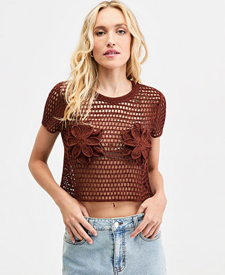 Bar III Women's Floral Crochet T-Shirt, Macy's Exclusive - Macy's | Macy's