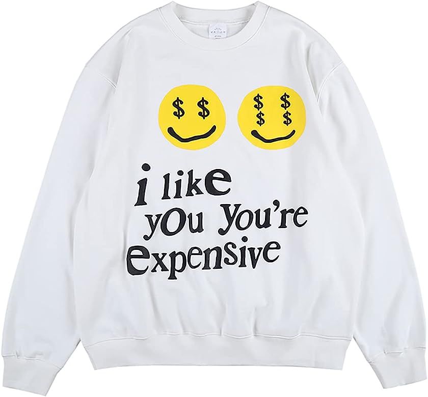Amazon.com: CPFM I Like You You're Espensive Sweatshirt Letter Print Hip Hop Crew Neck Hoodie For... | Amazon (US)