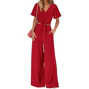 PRETTYGARDEN Women's Summer 2 Piece Outfits 2026 Cap Sleeve V Neck Belted Crop Tops Wide Leg Pant... | Amazon (US)