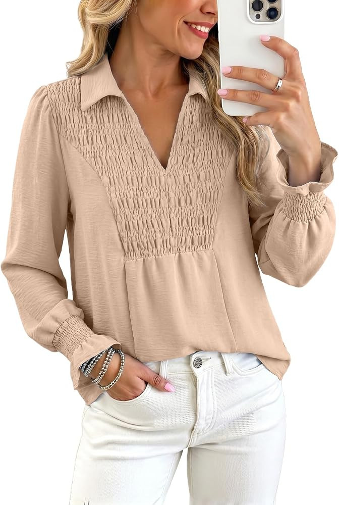 Dokotoo Women's 2026 Fashion Long Sleeve Solid Color Shirred V Neck Shirts | Amazon (US)