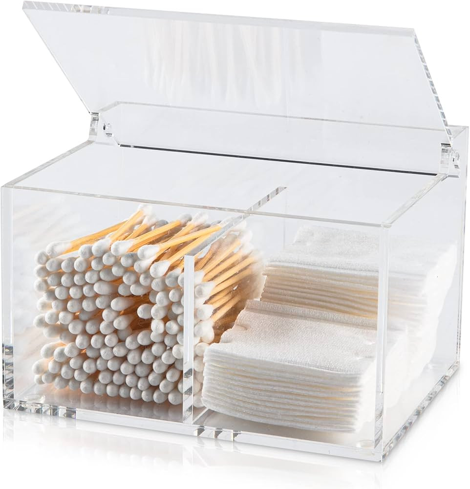 Clear Acrylic Cotton Swab Ball Holder Qtip Organizer with Lid 2-Grid Canister for Make Up Pads, F... | Amazon (US)