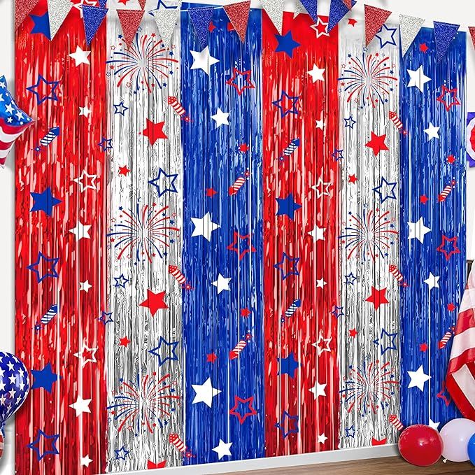 4th of July Party Decorations Red White Blue Foil Fringe Curtains, 2 Pack 3.3 x 6.6 FT Star Firew... | Amazon (US)