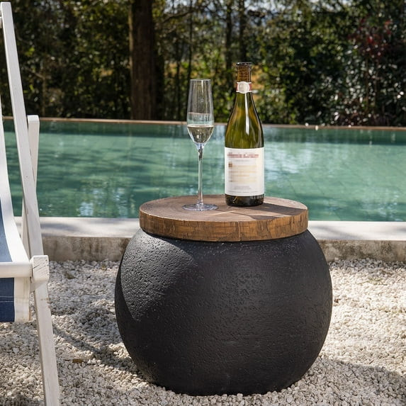 COSIEST Outdoor Patio 17" Round Black Concrete Side Table with Wood Top for Garden | Walmart (US)