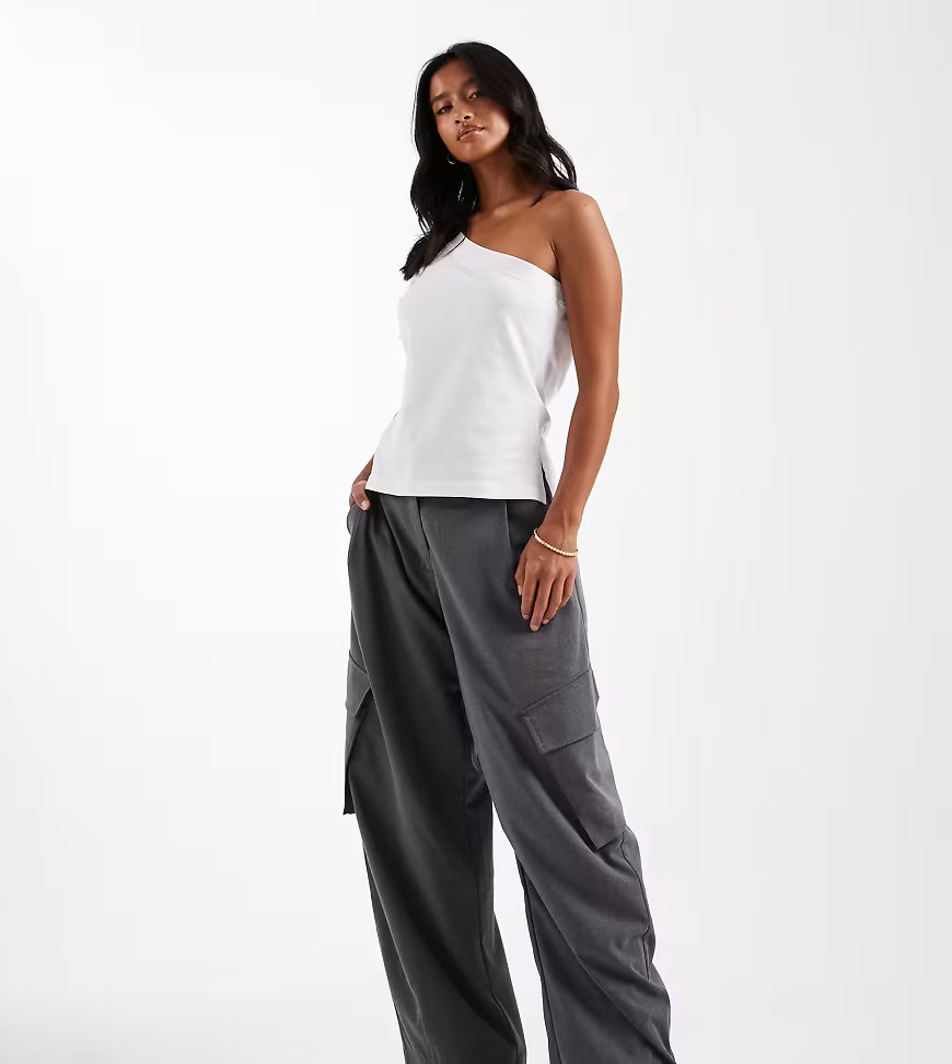 ASOS DESIGN Petite Tailored utility barrel trousers in charcoal-Grey | ASOS (Global)