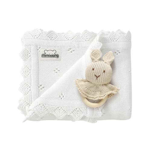 mimixiong Cotton Baby Blanket Knitted Crochet Receiving Crib Nursery Swaddling Blankets for Newborn Baby Boy Girl with The Bunny Rattle (Snow White) | Amazon (US)