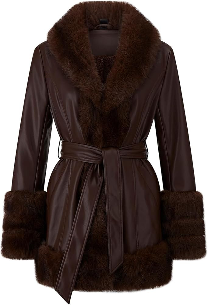 Women Faux Fur Leather Jacket Fur Collar Coat Fur Lined Winter Warm Parka With Belt | Amazon (US)