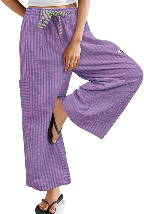 TARSE Women's Striped Wide Leg Pants Drawstring Casual Trousers | Amazon (US)
