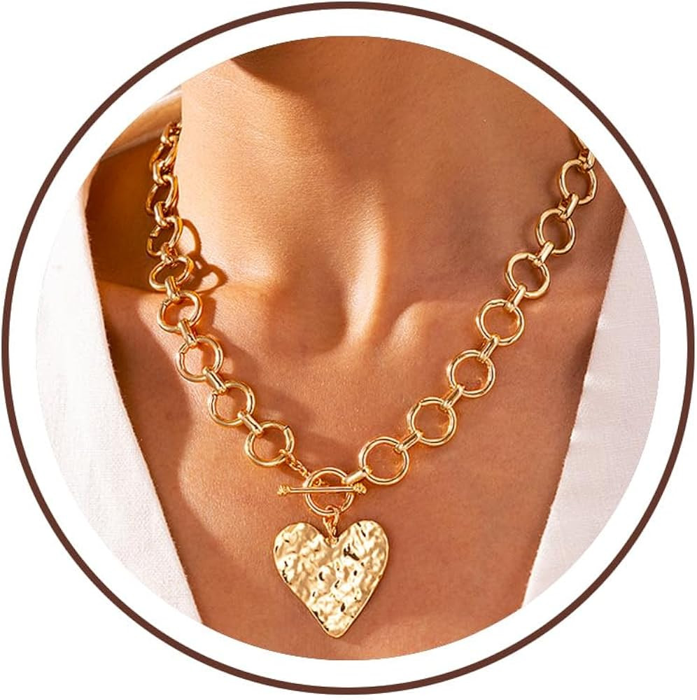 Robaice Chunky Heart Necklace for Women\uff0c14K Plated Gold Chain Necklaces | Amazon (US)