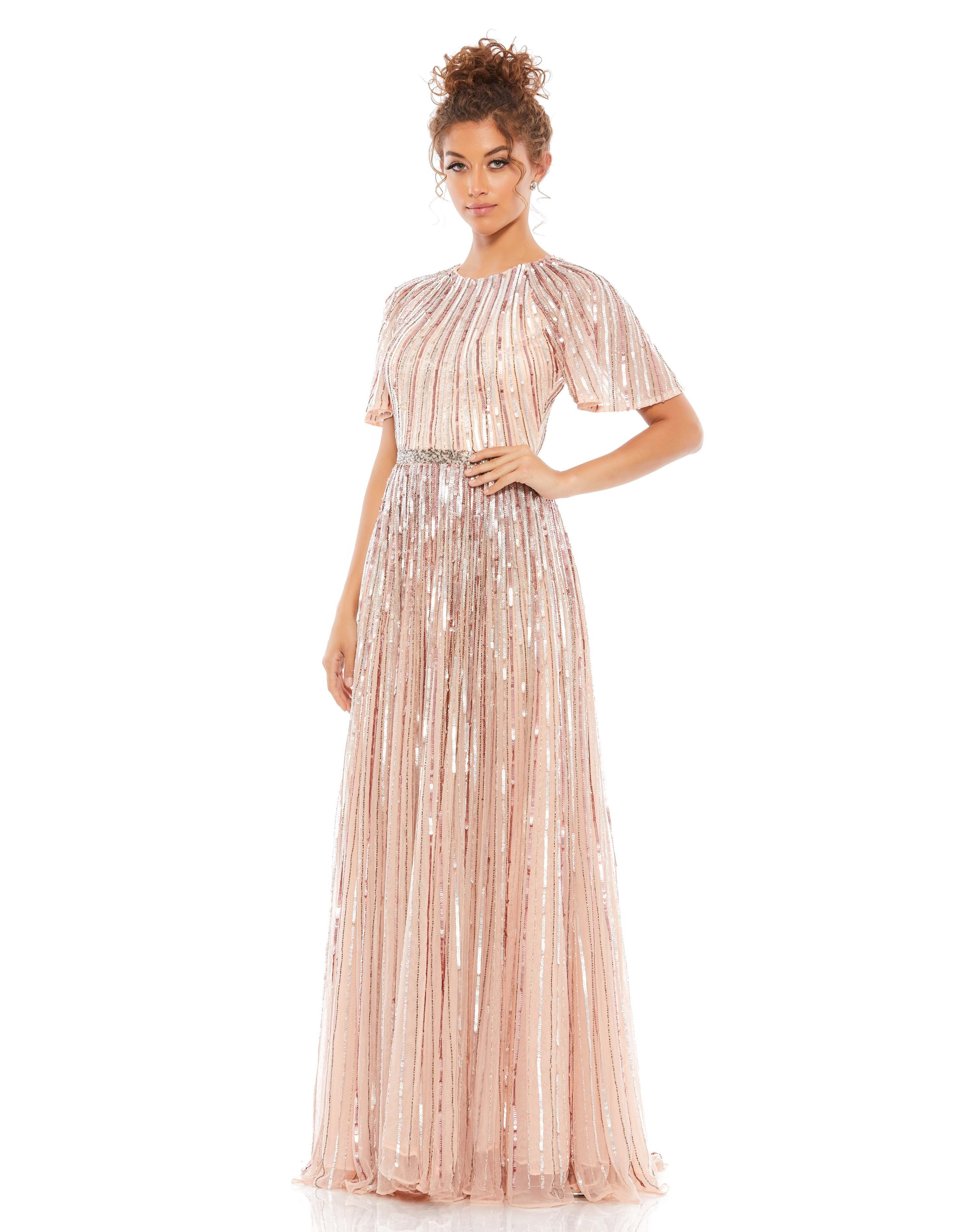 Short Sleeve Ombre Sequined Evening Gown | Mac Duggal