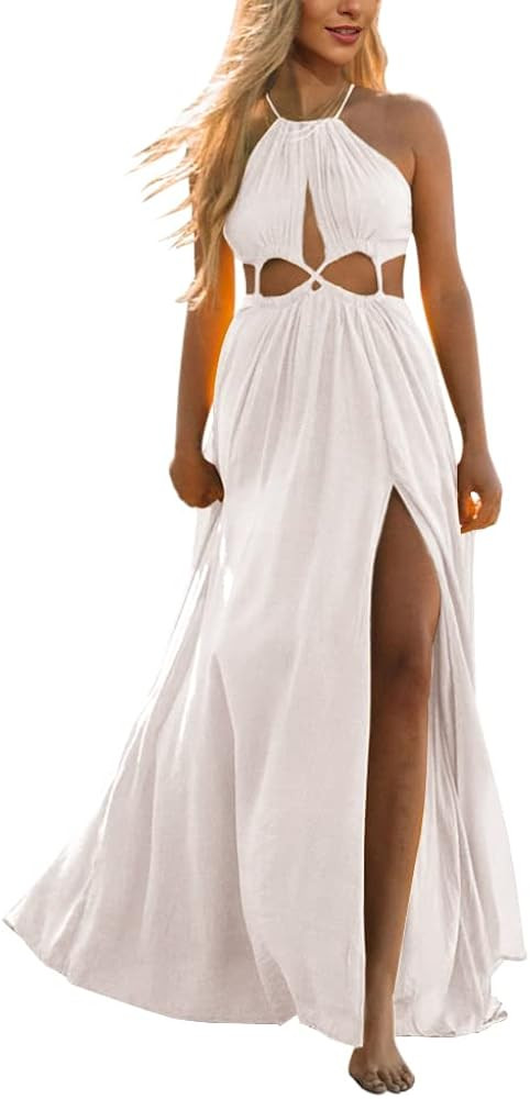 Womens Cutout Halter Tie Maxi Dress Flowy Boho Beach Summer Sexy Midi Dress Side Slit Long Dresse... | Amazon (US)