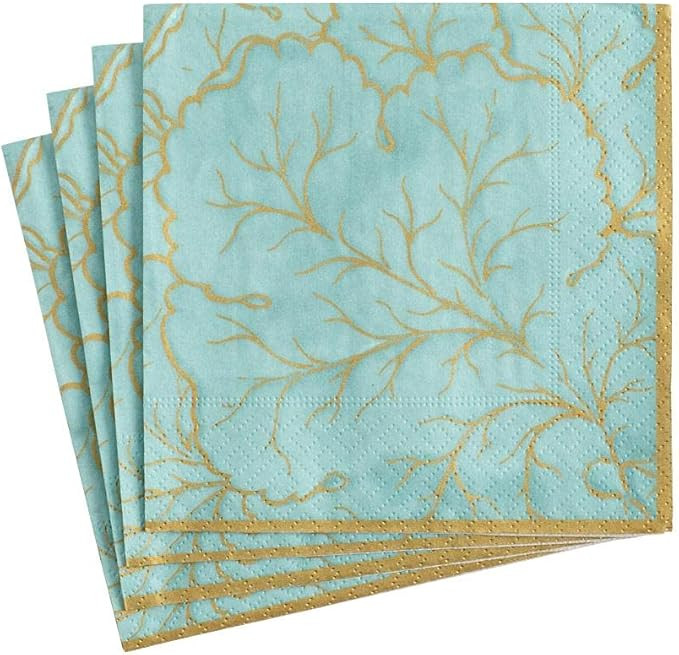 Caspari Gilded Majolica Paper Cocktail Napkins in Aqua, 20 Per Package | Amazon (US)