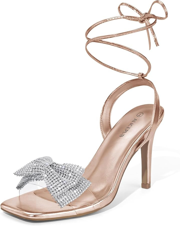 ALICEPUB Sparkly Rhinestone Bow Heels Sandals Stiletto Lace Up Clear Heels For Women Sexy Square ... | Amazon (US)