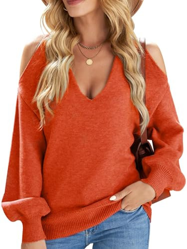 RAMOUG Women's Criss Cross Halter Long Sleeve Top Cold Shoulder Sweatshirt L Orange | Amazon (US)