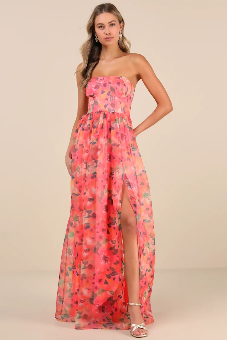 Wonderful Waltz Coral Floral Print Strapless Bustier Maxi Dress | Lulus
