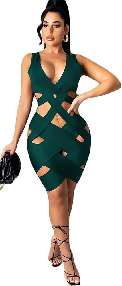 Womens Sexy Sleeveless Deep V Neck Cut Off Holes Bandage Bodycon Party Clubwear Dress | Amazon (US)