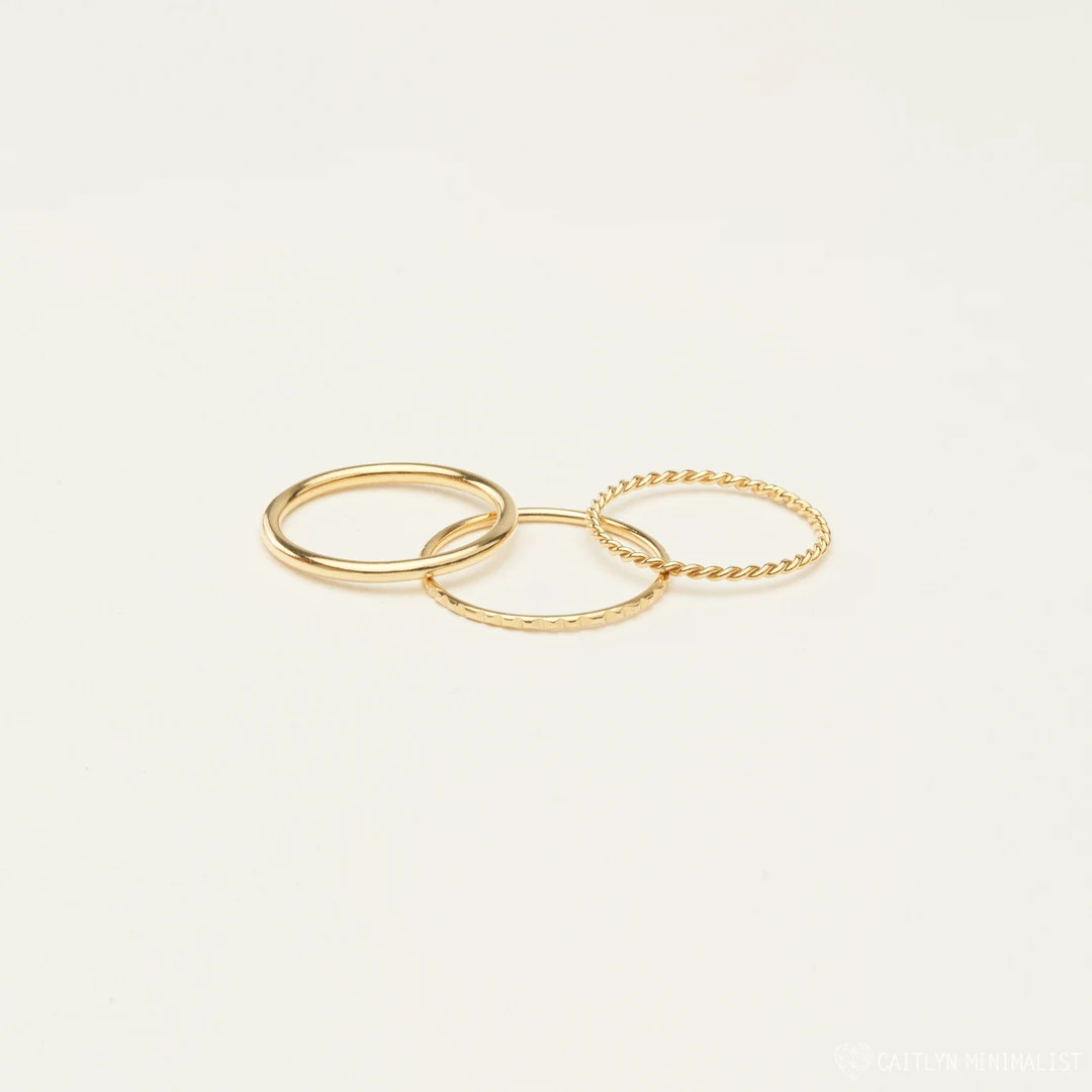 Thin Stacking Rings Set of 3: Midi Ring, Twist Ring, Lined Ring Notched Ring Thin Gold Rings Pink... | Etsy (US)