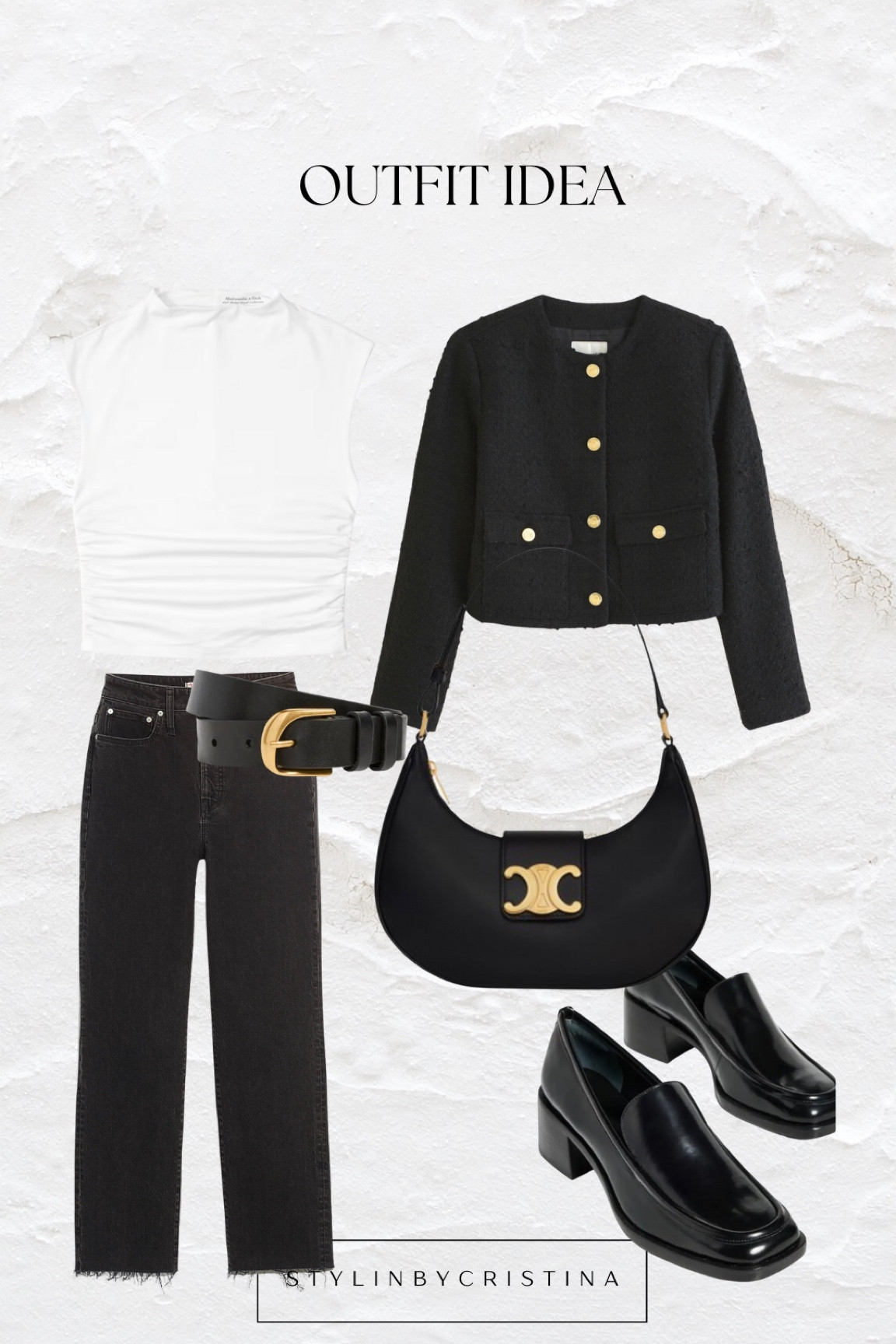 Neutrals outfit idea / monochromatic look
Black jeans, tweed jacket with gold hardware, Celine triomphe bag, chunky loafers 

#LTKSeasonal #LTKworkwear #LTKstyletip