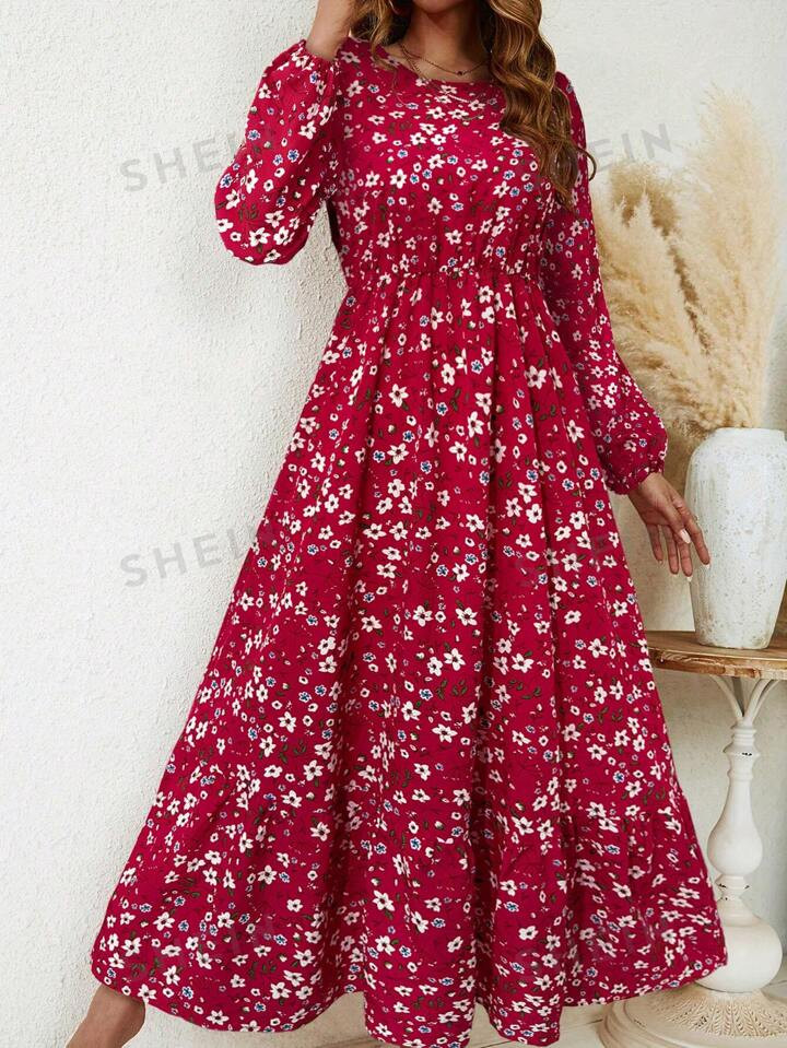SHEIN LUNE Ditsy Floral Print Lantern Sleeve Dress For Holiday | SHEIN