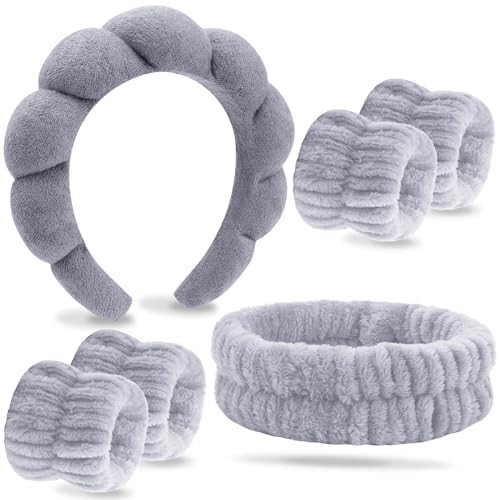 VELSCRUN 6 Pcs Grey Bubble Puffy Sponge Spa Headband Wristband Set, Spa Headbands for Wash Face, Makeup Headband, Facial Skincare Headbands Women Girls Sleepover Party Supplies Hair Accessories | Amazon (US)