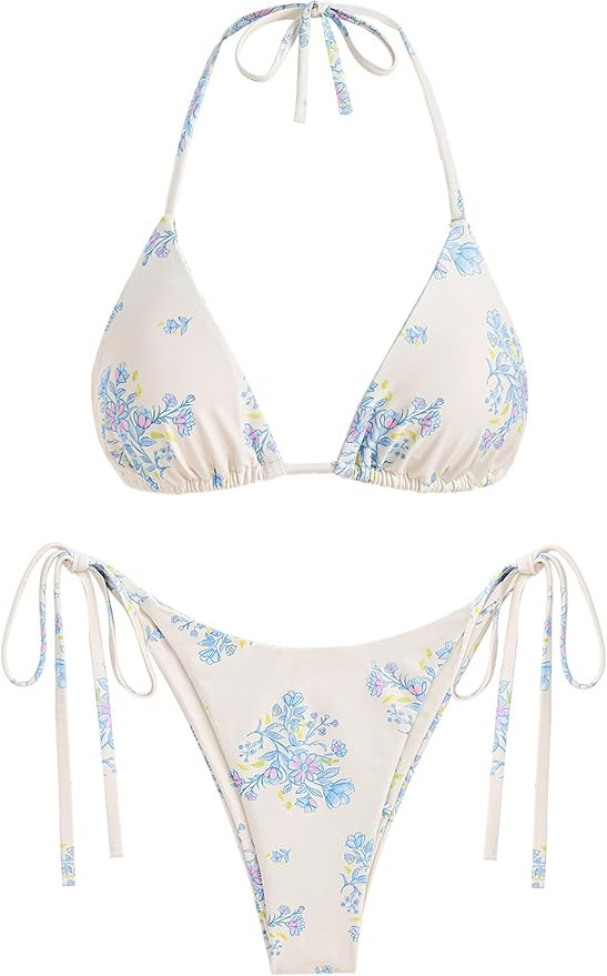 ZAFUL Bikini Sets for Women Halter Two Piece Swimsuit Ribbed High Cut Tie Side Thong Bathing Suit... | Amazon (US)