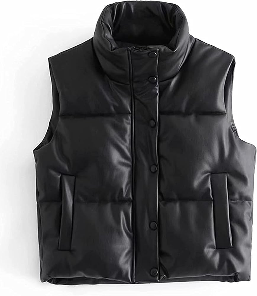 Ailoqing Women's Quilted Faux Leather Puffer Vest Collared Sleeveless Padded Jacket | Amazon (US)