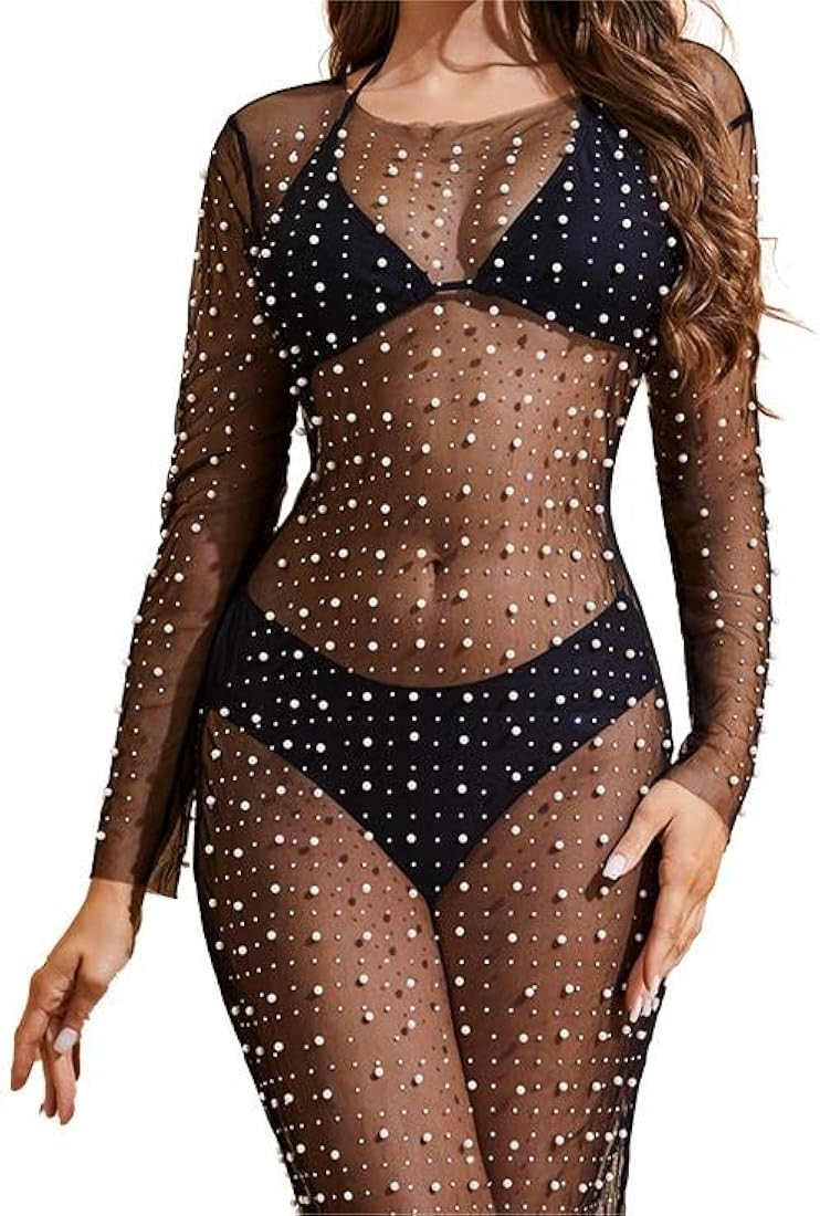 Women Pearl Cover Up Dress，White Sparkly Mesh Dress，Sheer Rhinestone Dress | Amazon (US)