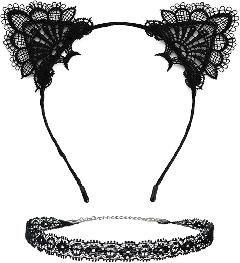 2Pcs Lace Cat Ear Headband & Collar for Women - Halloween Bachelorette Party Cosplay Costume Acce... | Amazon (US)
