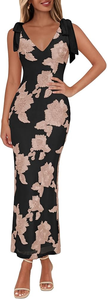 Lazysmile Womens Floral Embroidered Maxi Dress Sleeveless V Neck Tie Strap Ribbon Flower Mesh Par... | Amazon (US)