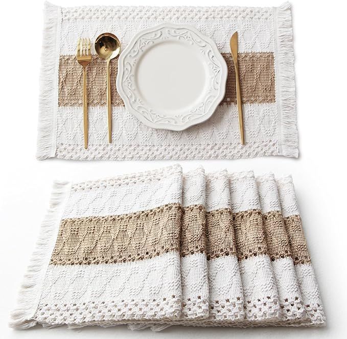 FEXIA Boho Placemats Set of 6, Macrame Table Decor and Farmhouse Style Placemats Natural Cotton B... | Amazon (US)