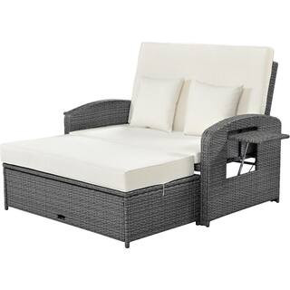 2-Person Wicker Rattan Outdoor Reclining Day Bed with 3-Height Adjustable Back and White Cushions | The Home Depot