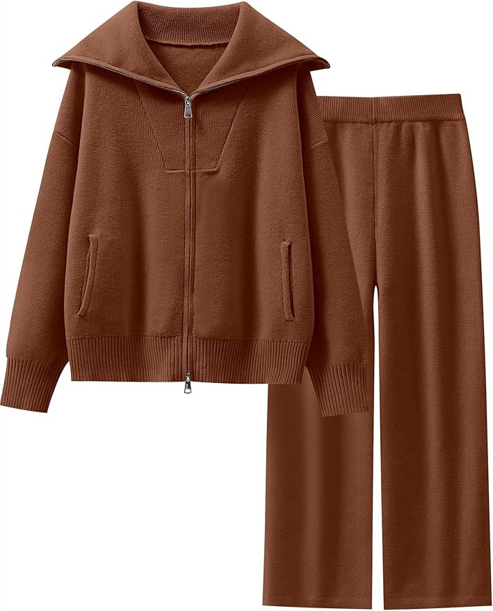 Caracilia Womens 2 Piece Outfits Knit Zip Up Sweater Lounge Set Wide Leg Pants Tracksuit Loungewe... | Amazon (US)