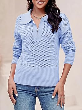 Women's Half Zip Pullover Sweaters Crochet Lapel Collar Long Sleeve Knit Solid Color Jumper Tops | Amazon (US)