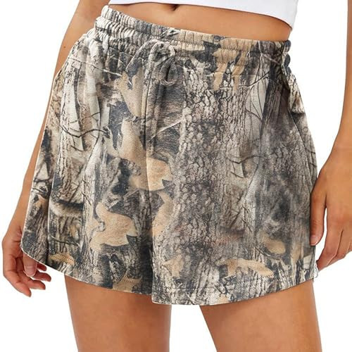 HOCANDY Womens Camo Sweat Shorts Maple Leaf Print Drawstring Elastic High Waist Lounge Camouflage Workout Shorts with Pockets | Amazon (US)