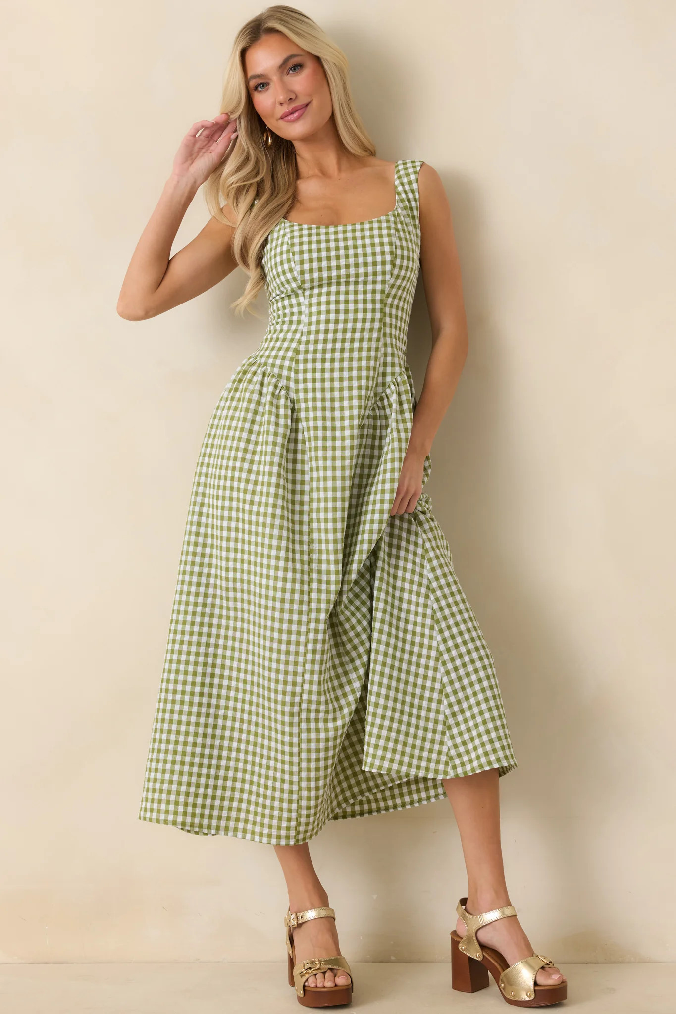 Talk Birdie to Me Green Gingham Sleeveless Maxi Dress L / Green | Red Dress