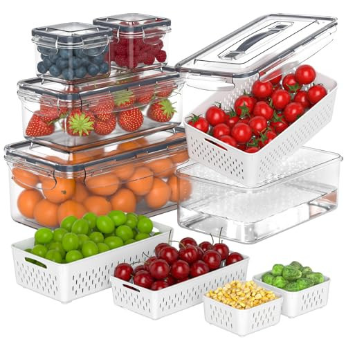 5 Pcs Fruit Storage Containers For Fridge with Removable Colander and Handle Lid, Refrigerator Organizers and Storage, Airtight Container to Keep Berry Fruit and Vegetable Fresh Longer Dishwasher Safe | Amazon (US)
