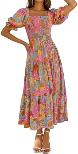 ZESICA Women's 2026 Summer Boho Floral Print Dress Square Neck Ruffle Swing Beach Vacation Long M... | Amazon (US)