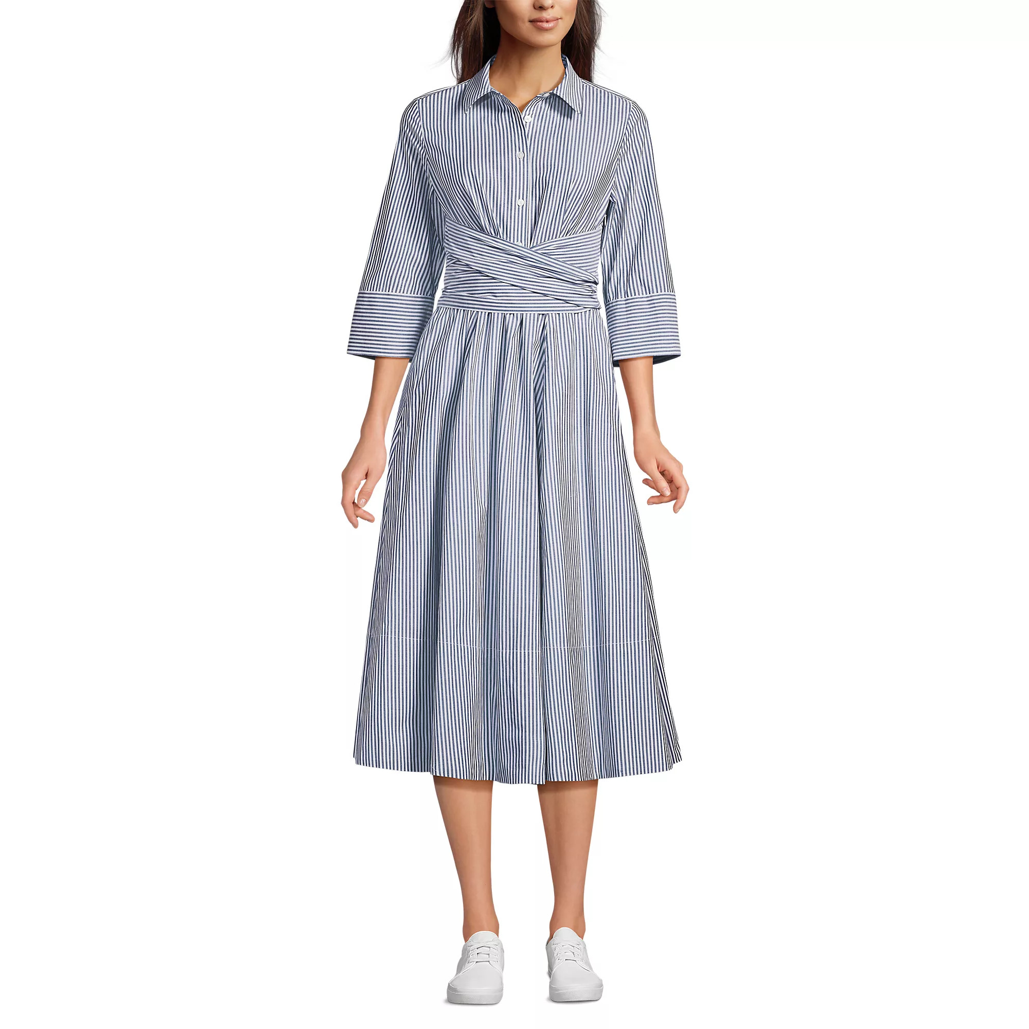 Women's Poplin Midi Wrap Front Dress | Lands' End (US)